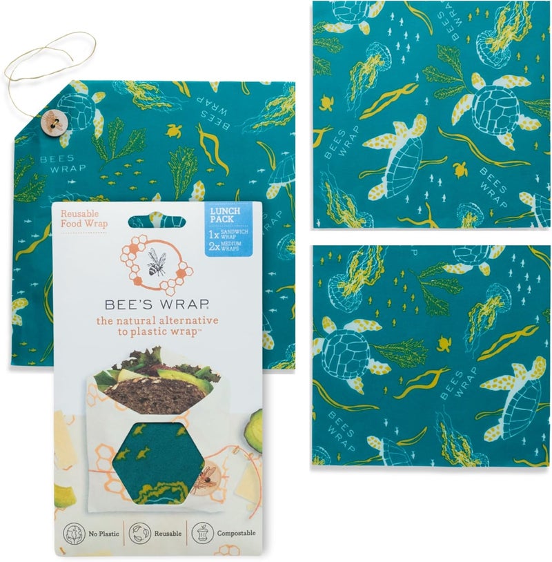 Bee's Wrap Beeswax Wraps for Food - Ocean 3 Pack (2M 1 Sandwich) Made in USA Reusable & Organic Food Wraps, Sandwich Wrap - Eco-Friendly Alternative to Aluminum Foil & Plastic Wrap - Image 1